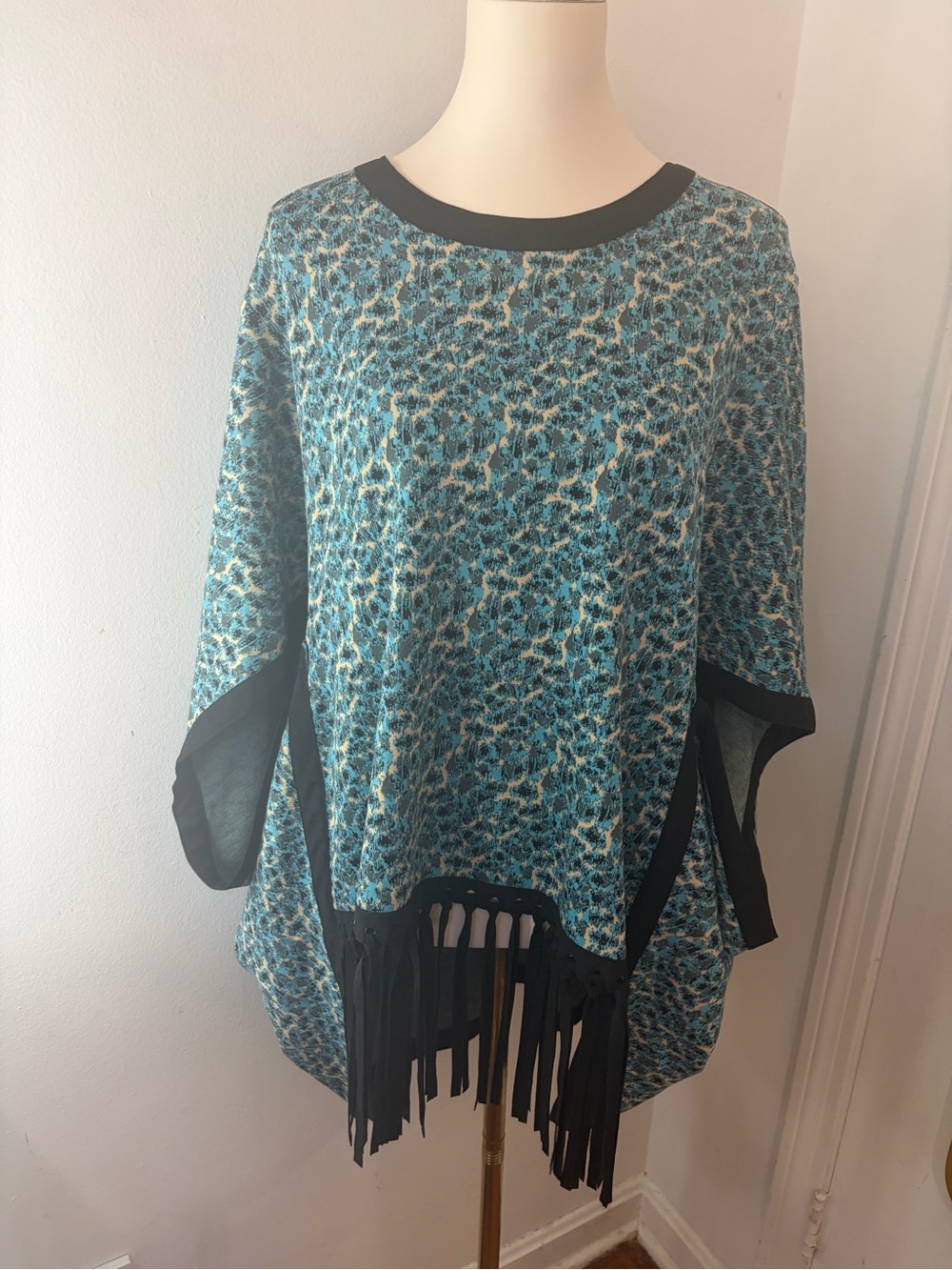 Tyler Boe Teal Animal-Print Fringe Tunic